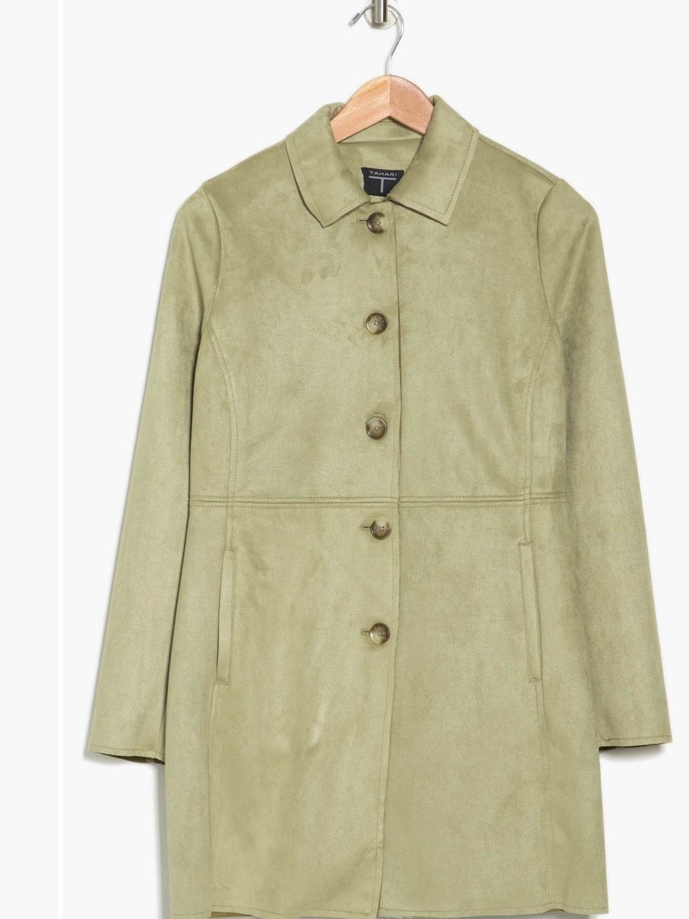 Tahari Grey Faux  Suede Button-Front Trench Coat